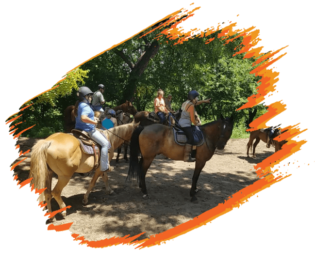 A group of people riding horses on a dirt path.